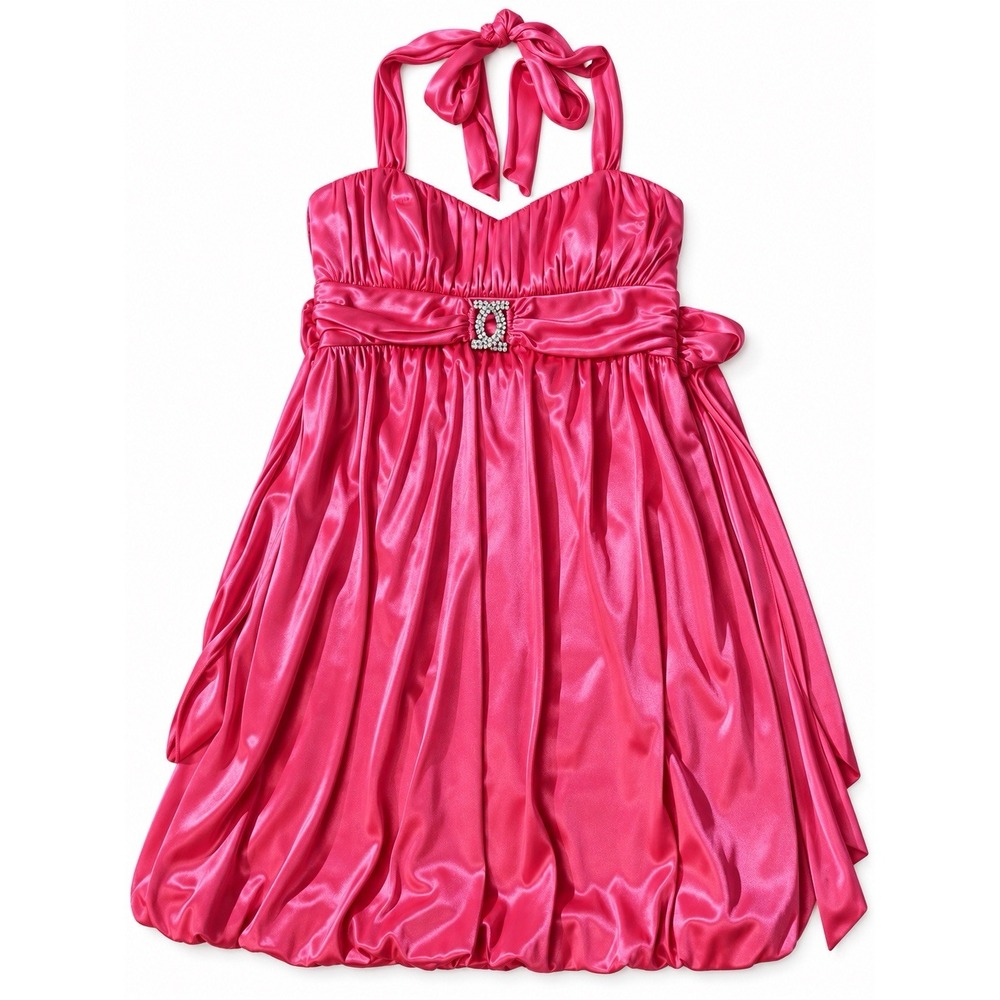 Y2K City Triangles Hot Pink Satin Halter Bubble Prom Dress M Rhinestone